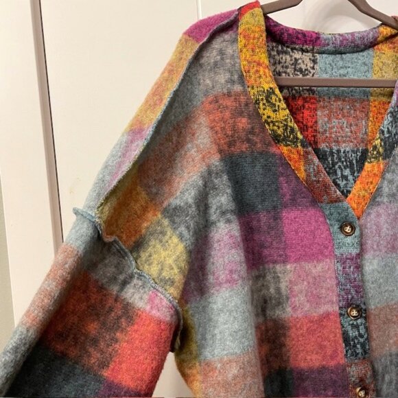 Colorful Plaid Button Front Cardigan Size XXL V-Neck Exposed Seams Casual - Picture 7 of 16